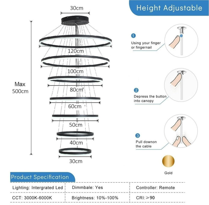 Modern LED Ring Chandelier 7 Rings Dimmable Black