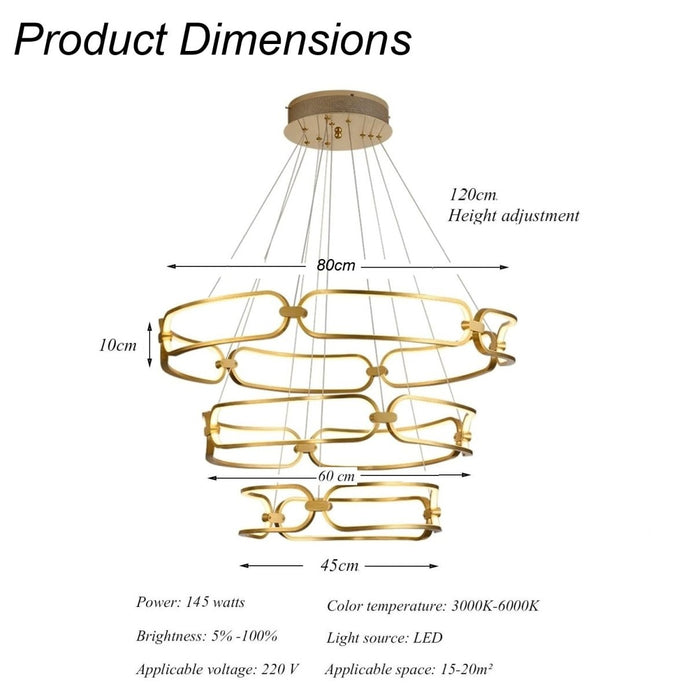 Modern three ring LED chandelier with gold ceiling canopy