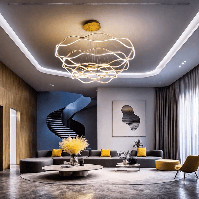 Gold wavy ring chandelier in a stairwell