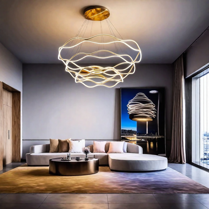 Gold wavy chandelier illuminated with warm light
