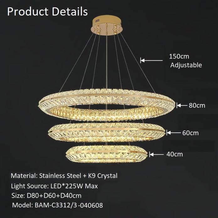 Three Ring Crystal LED Chandelier, Gold, 80/60/40cm