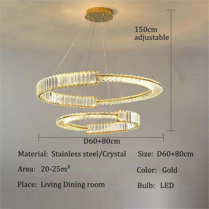 Two Ring Round Crystal LED Chandelier, Gold, 80/60cm