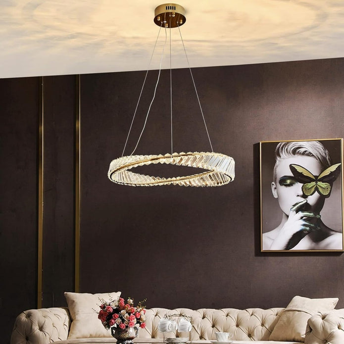 Gold ring chandelier with integrated LED light strip