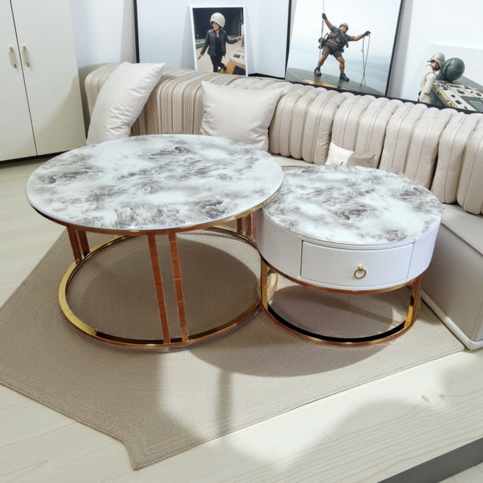Yarrambat veined marble and gold stone coffee table in a modern living room