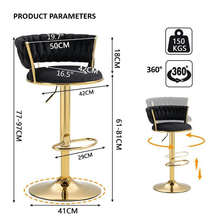 Side profile of velvet bar stool showing gold base and footrest ring — Allure Home Collections