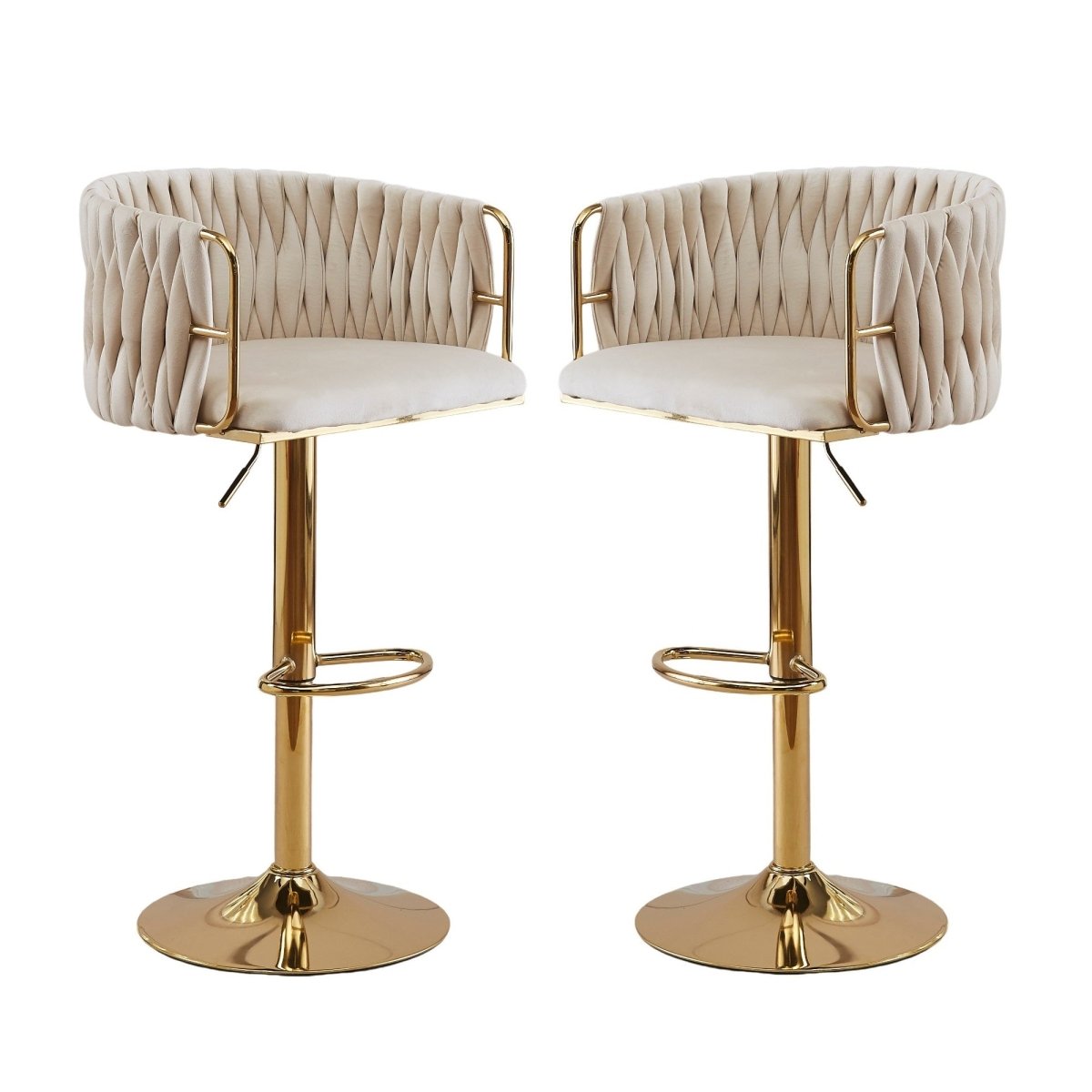 Side profile of velvet height adjustable bar stool showing gold base and footrest — Allure Home Collections