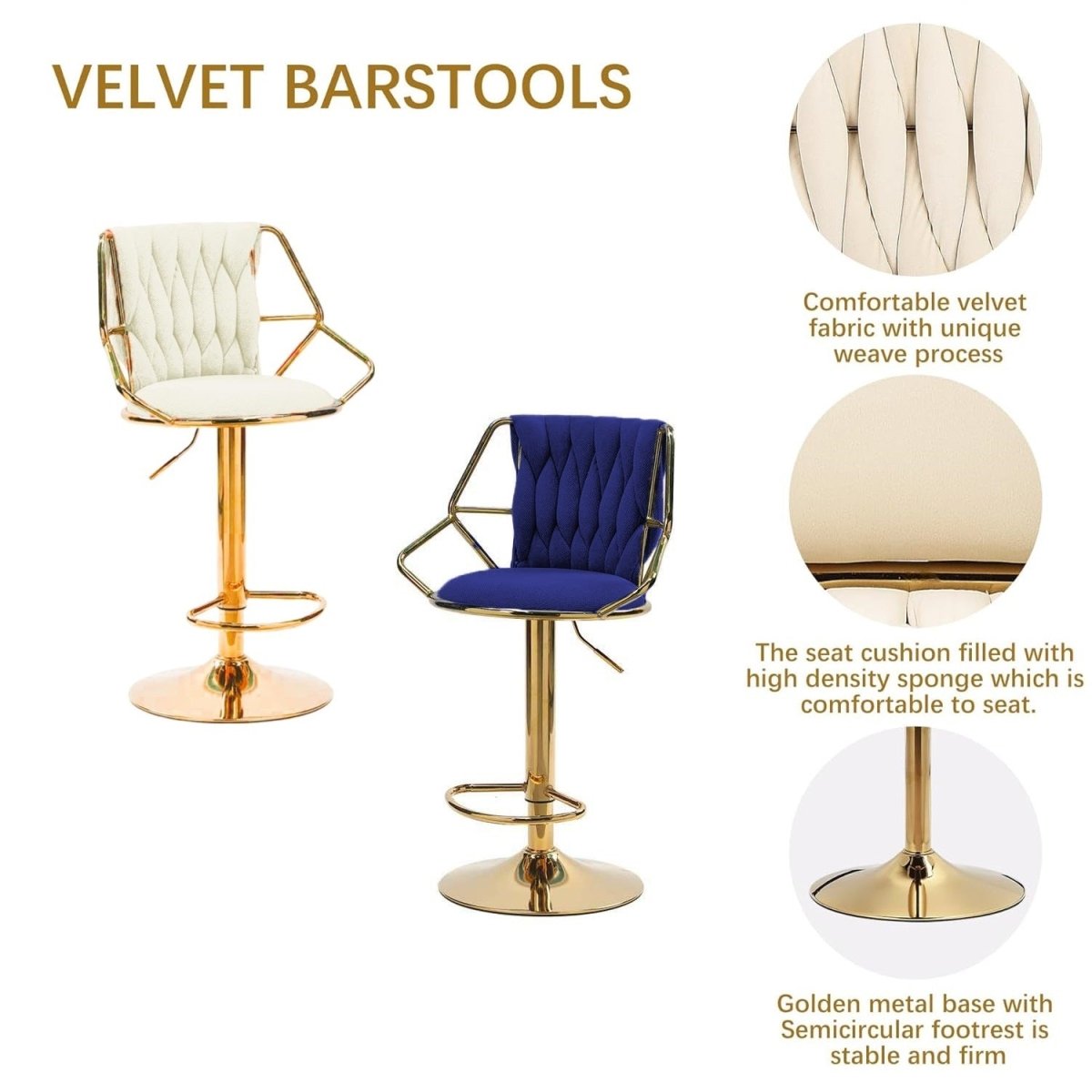 Two gold base velvet bar stools in modern kitchen — Allure Home Collections