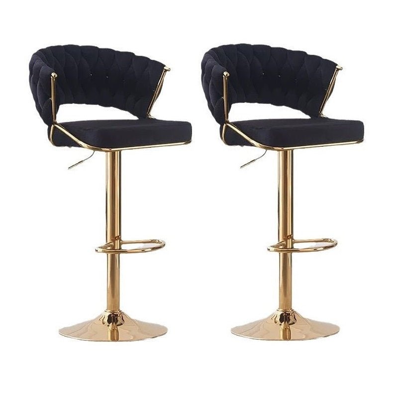 Gold round base and velvet padded seat detail on bar stool — Allure Home Collections