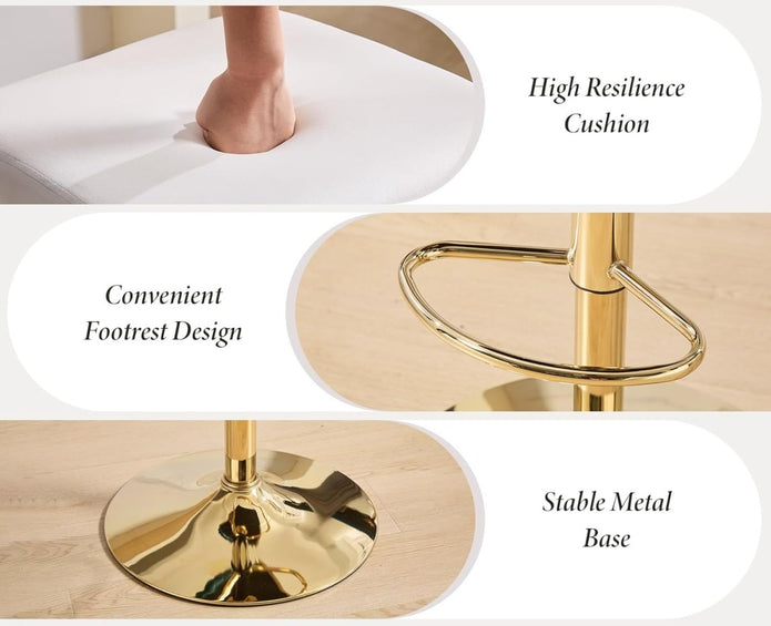 Side profile of SERENITa white velvet bar stool showing gold legs — Allure Home Collections