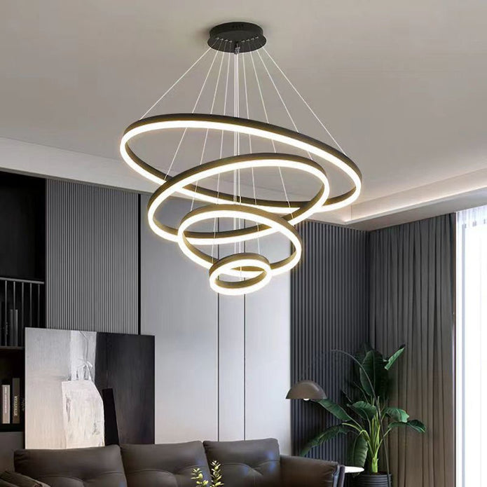 Black Minimalist LED Ring Chandelier 3 Rings
