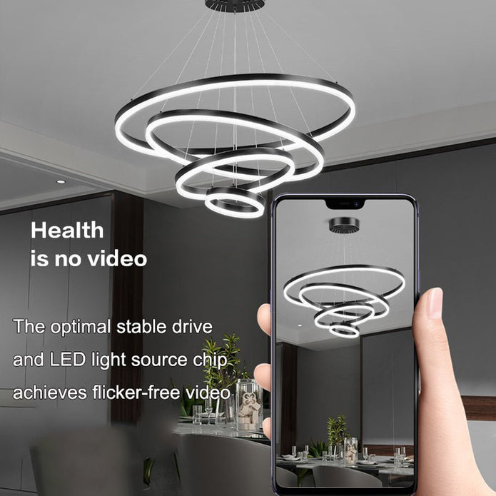 Black 5 Ring Minimalist LED Pendant Light Adjustable Circular Chandelier