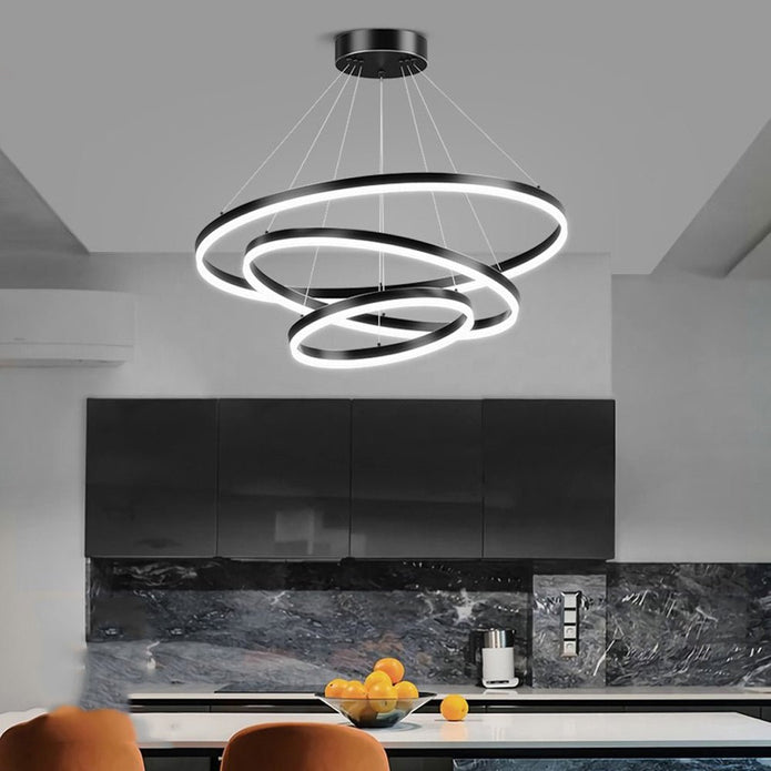 Black 5 Ring Minimalist LED Pendant Light Adjustable Circular Chandelier