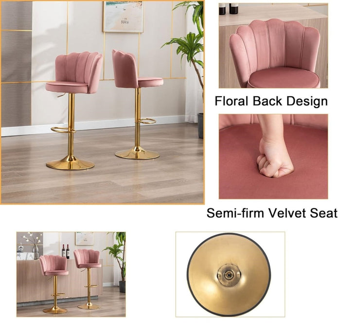 Side profile of SERENITa pink velvet bar stool showing adjustable gold base — Allure Home Collections