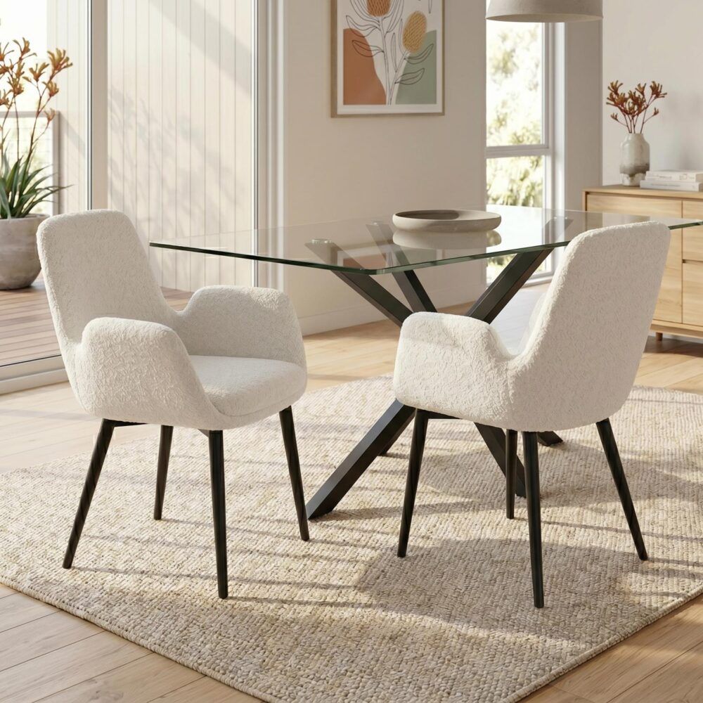 Rowland Flat white teddy boucle dining armchair in a modern dining room