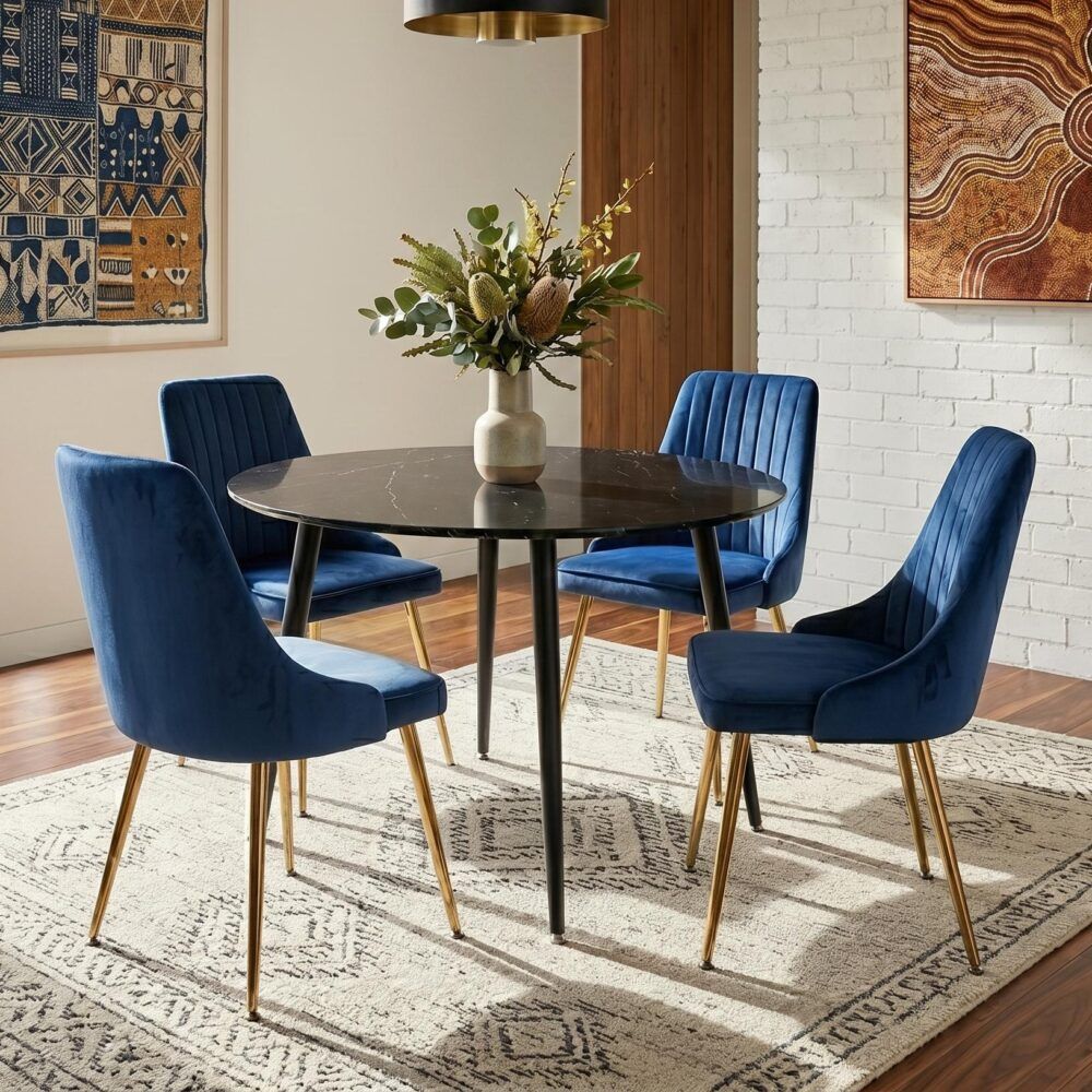 Birdwood 5 Piece Dining Set, Black Marble and Blue Velvet