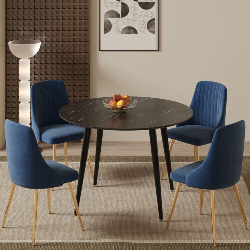 Birdwood 5 Piece Dining Set, Black Marble and Blue Velvet