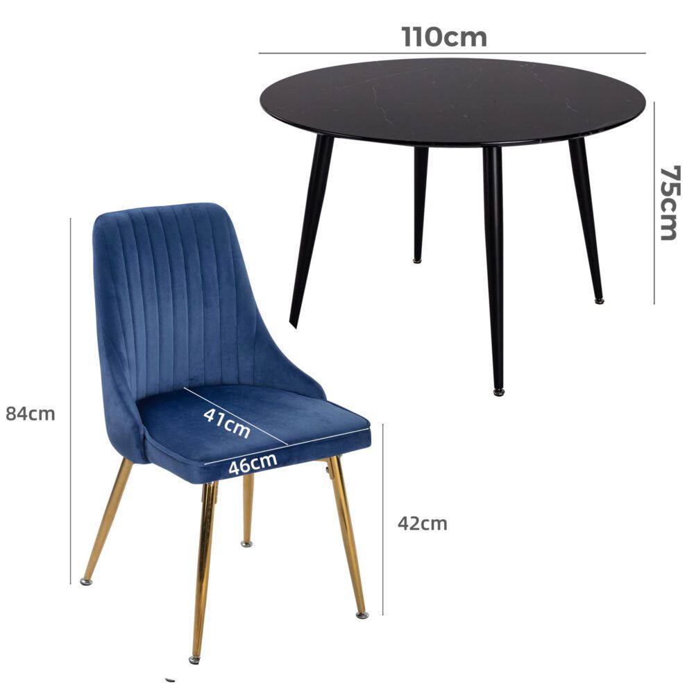 Birdwood 5 Piece Dining Set, Black Marble and Blue Velvet