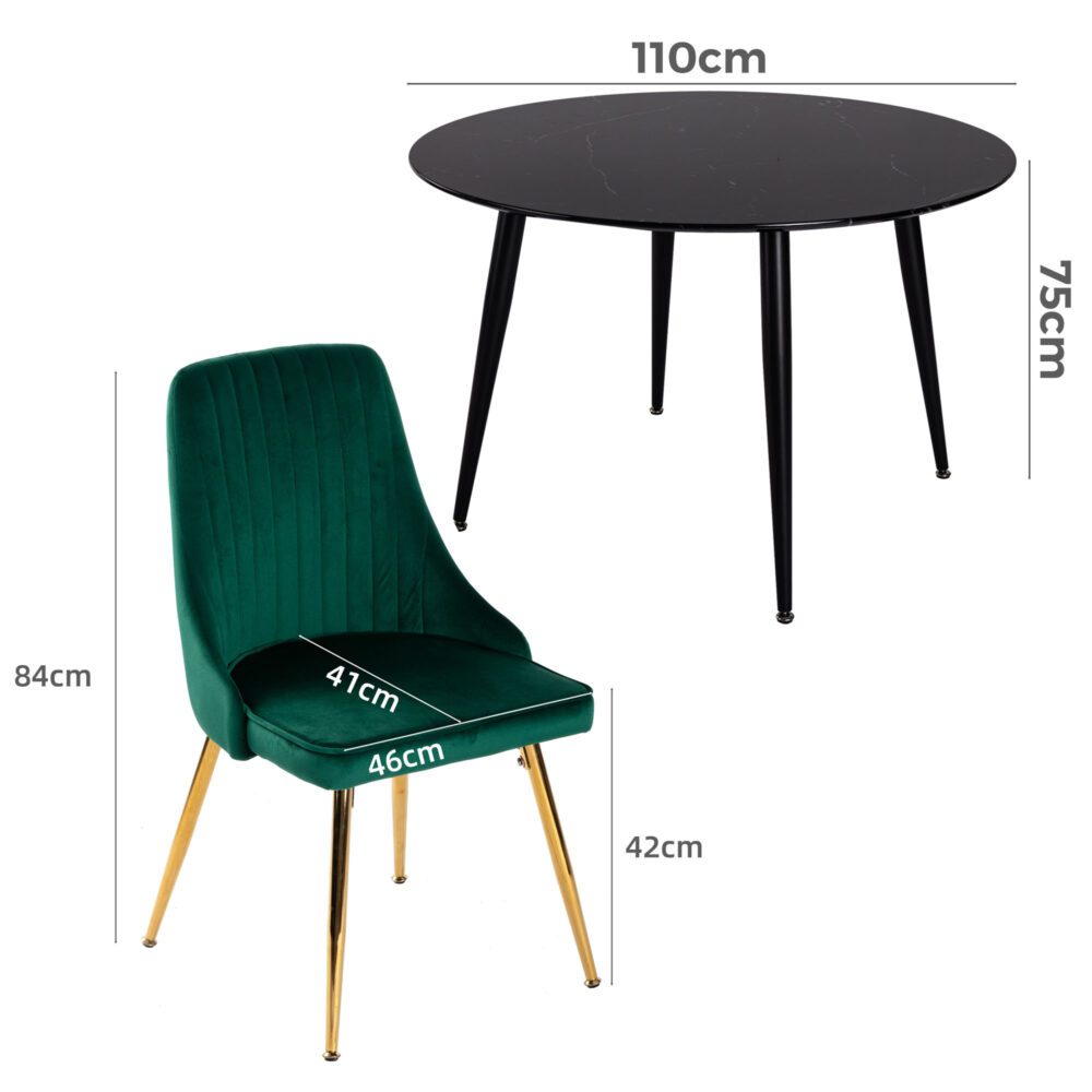 Birdwood 5 Piece Dining Set, Black Marble and Green Velvet