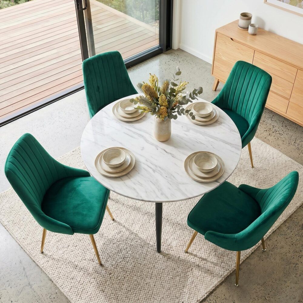 Birdwood 5 Piece Dining Set, White Marble and Green Velvet