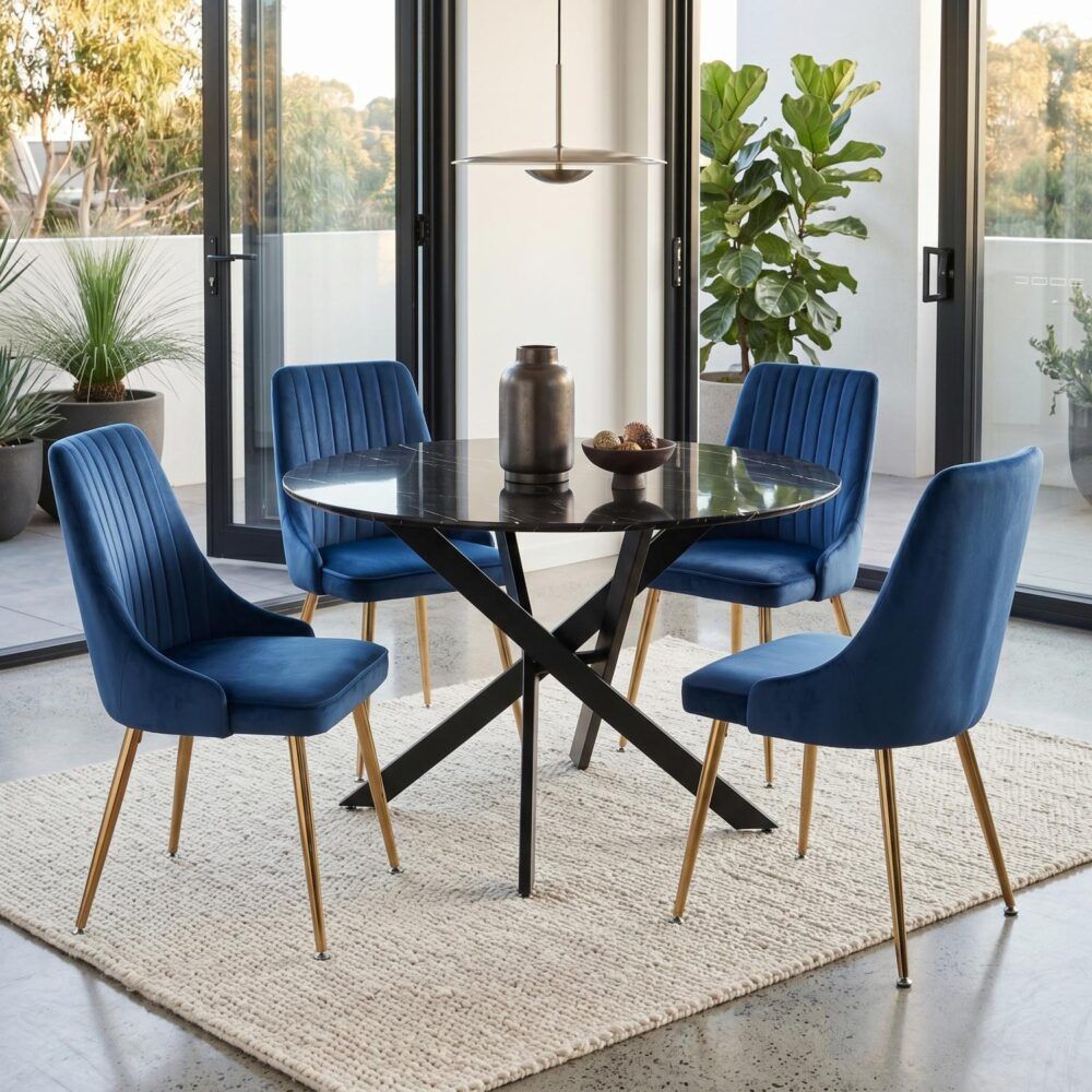 Gumeracha black marble and blue velvet dining set in a modern dining room