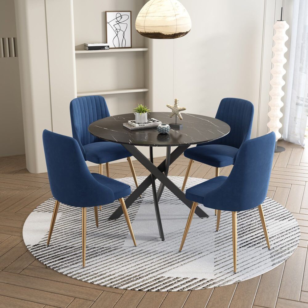 Gumeracha 5 Piece Dining Set, Black Marble and Blue Velvet