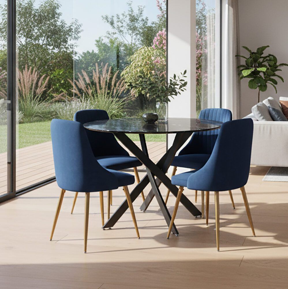 Gumeracha 5 Piece Dining Set, Black Marble and Blue Velvet
