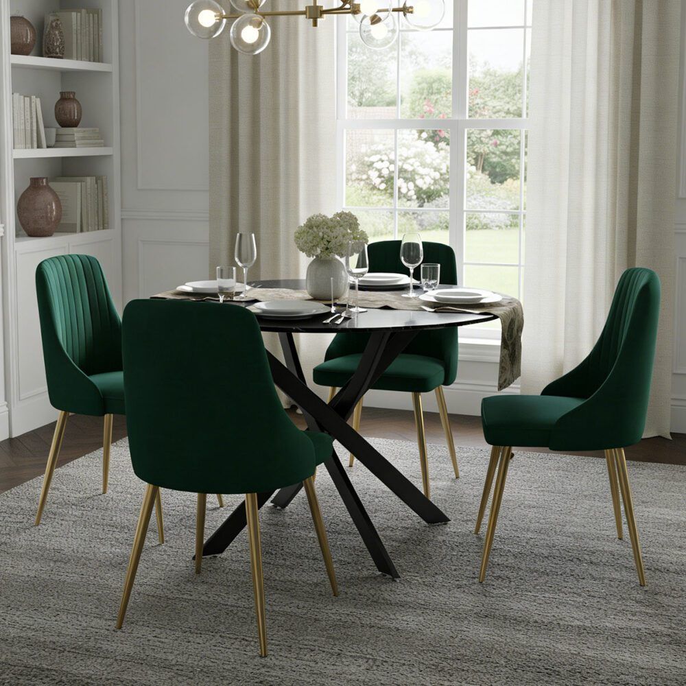 Gumeracha 5 Piece Dining Set, Black Marble and Green Velvet