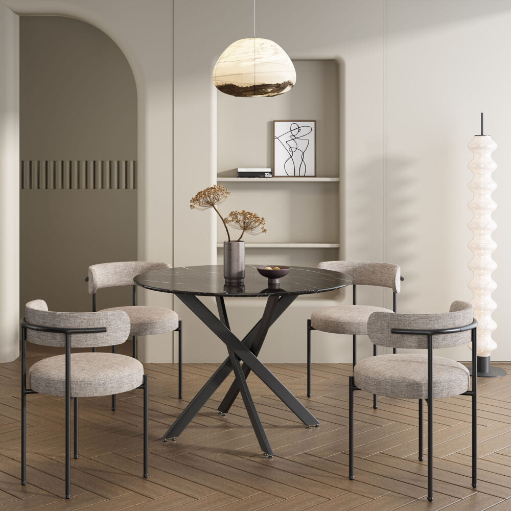 Round Black Marble-Effect Dining Table — Seats 4, White Veining — Allure Home Collections