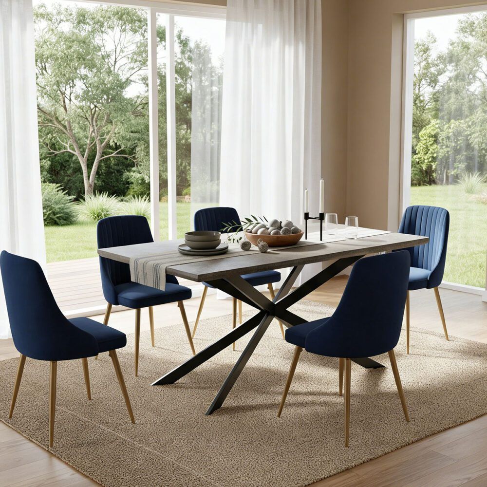 Kersbrook dark grey marble and blue velvet dining set in a modern dining room