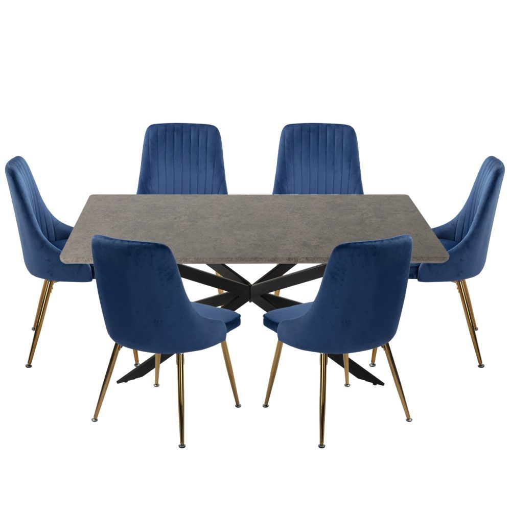 Kersbrook 7 Piece Dining Set, Dark Grey Marble and Blue Velvet