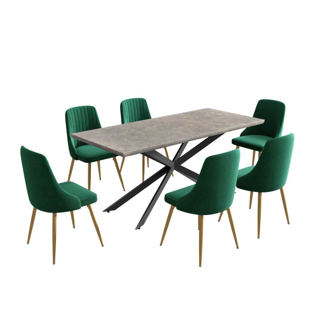 Kersbrook 7 Piece Dining Set, Dark Grey Marble and Green Velvet