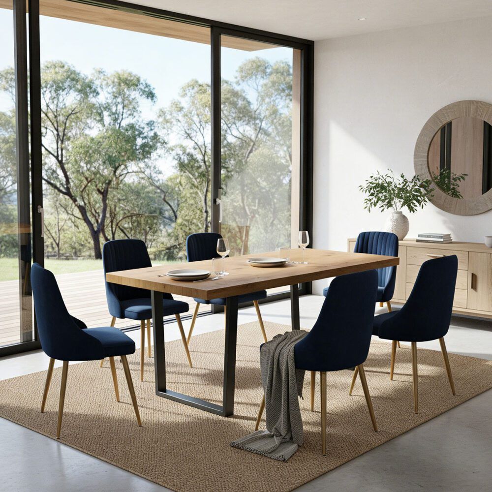 Cudlee Creek natural wood and blue velvet dining set in a modern dining room
