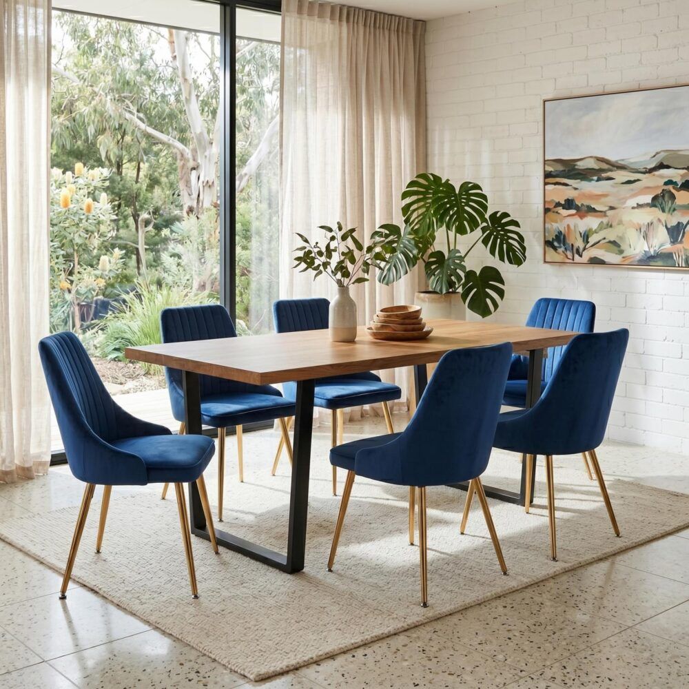 Cudlee Creek 7 Piece Dining Set, Natural Wood and Blue Velvet