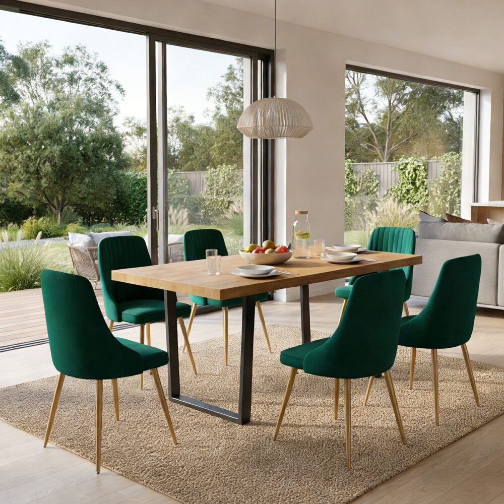 Cudlee Creek natural wood and green velvet dining set in a modern dining room