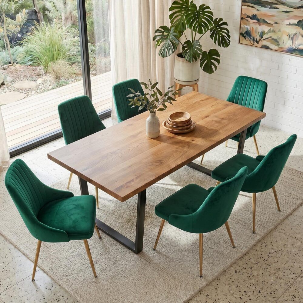 Cudlee Creek 7 Piece Dining Set, Natural Wood and Green Velvet