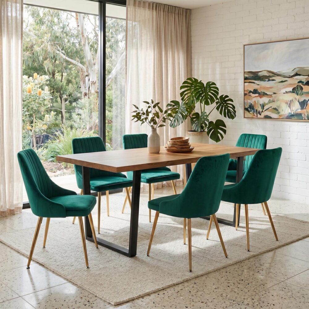 Cudlee Creek 7 Piece Dining Set, Natural Wood and Green Velvet