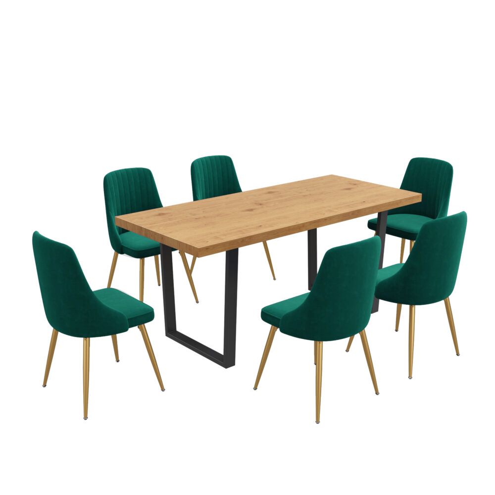 Cudlee Creek 7 Piece Dining Set, Natural Wood and Green Velvet