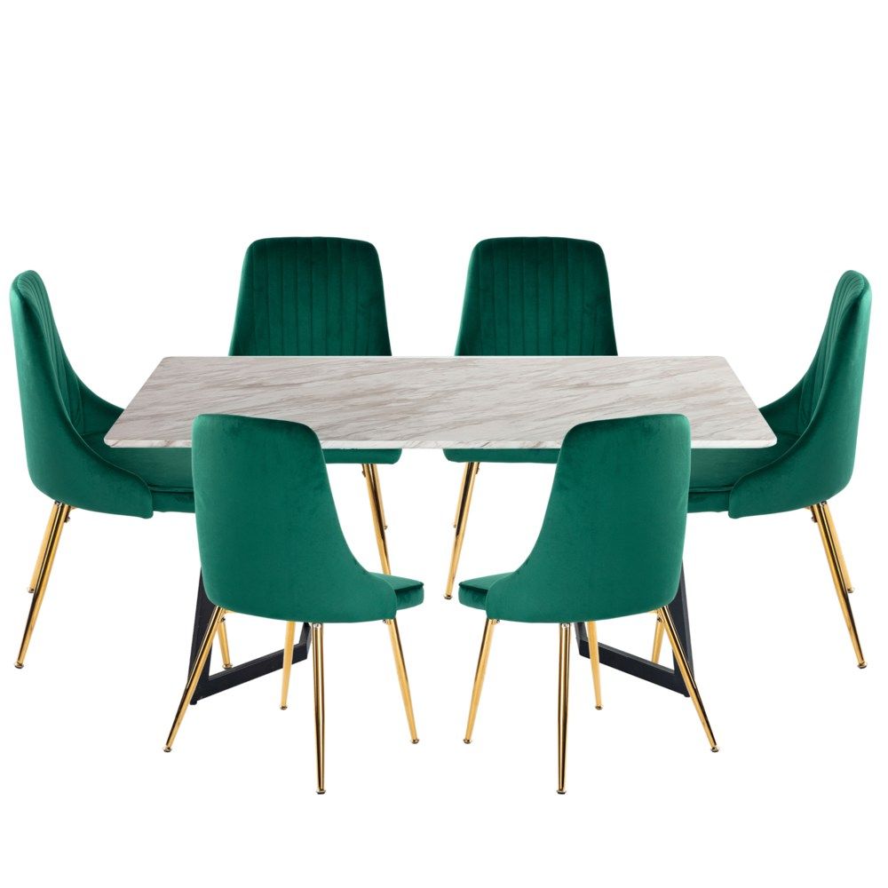 Ashton 7 Piece Dining Set, White Marble and Green Velvet