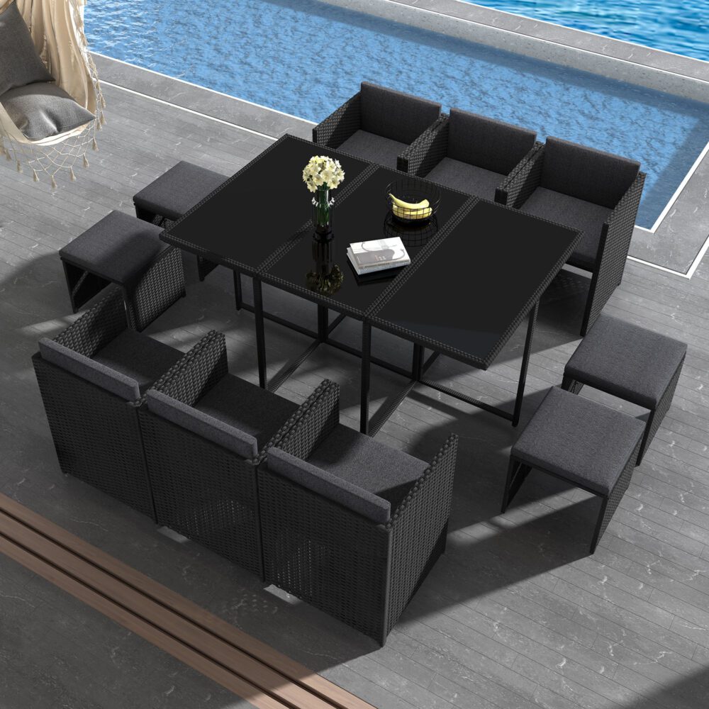 11 Piece Outdoor Dining Set, Wicker Black