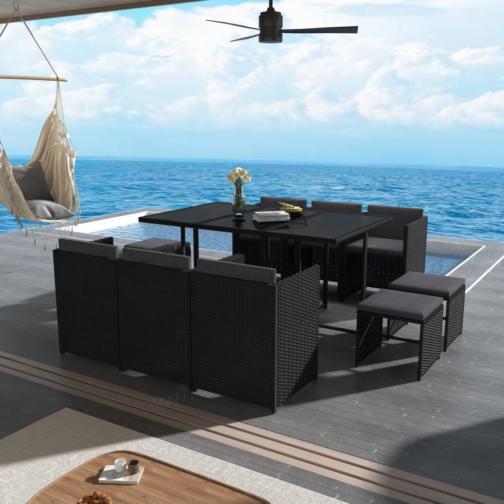 11 Piece Outdoor Dining Set, Wicker Black, view 2