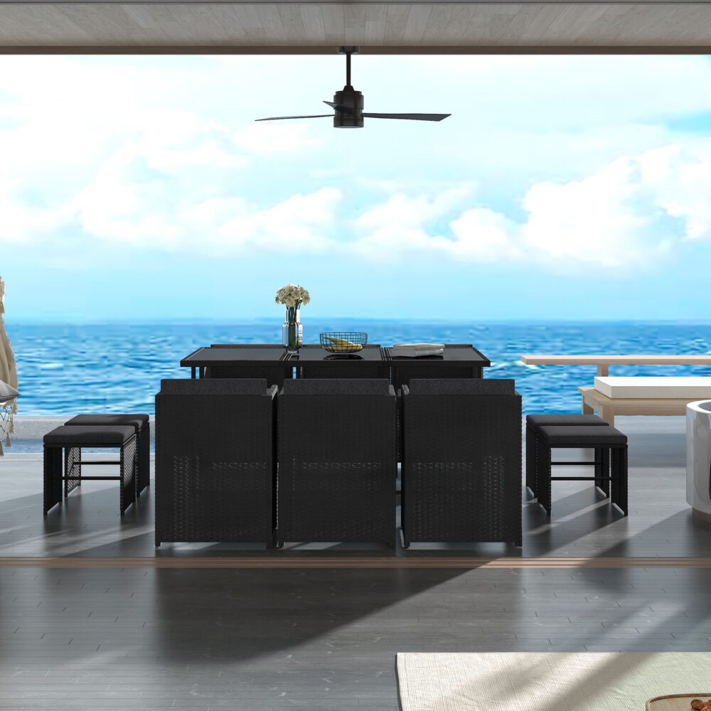 11 Piece Outdoor Dining Set, Wicker Black, view 3