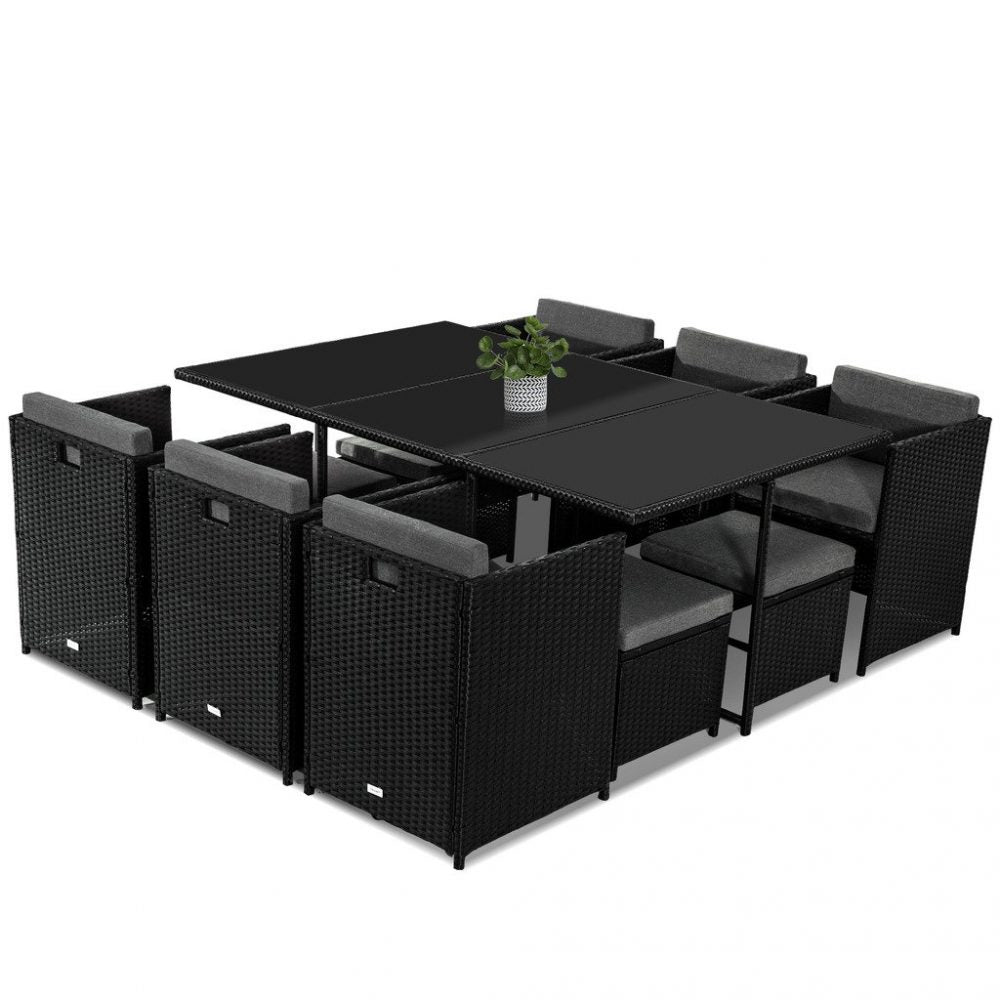 11 Piece Outdoor Dining Set, Wicker Black, view 4