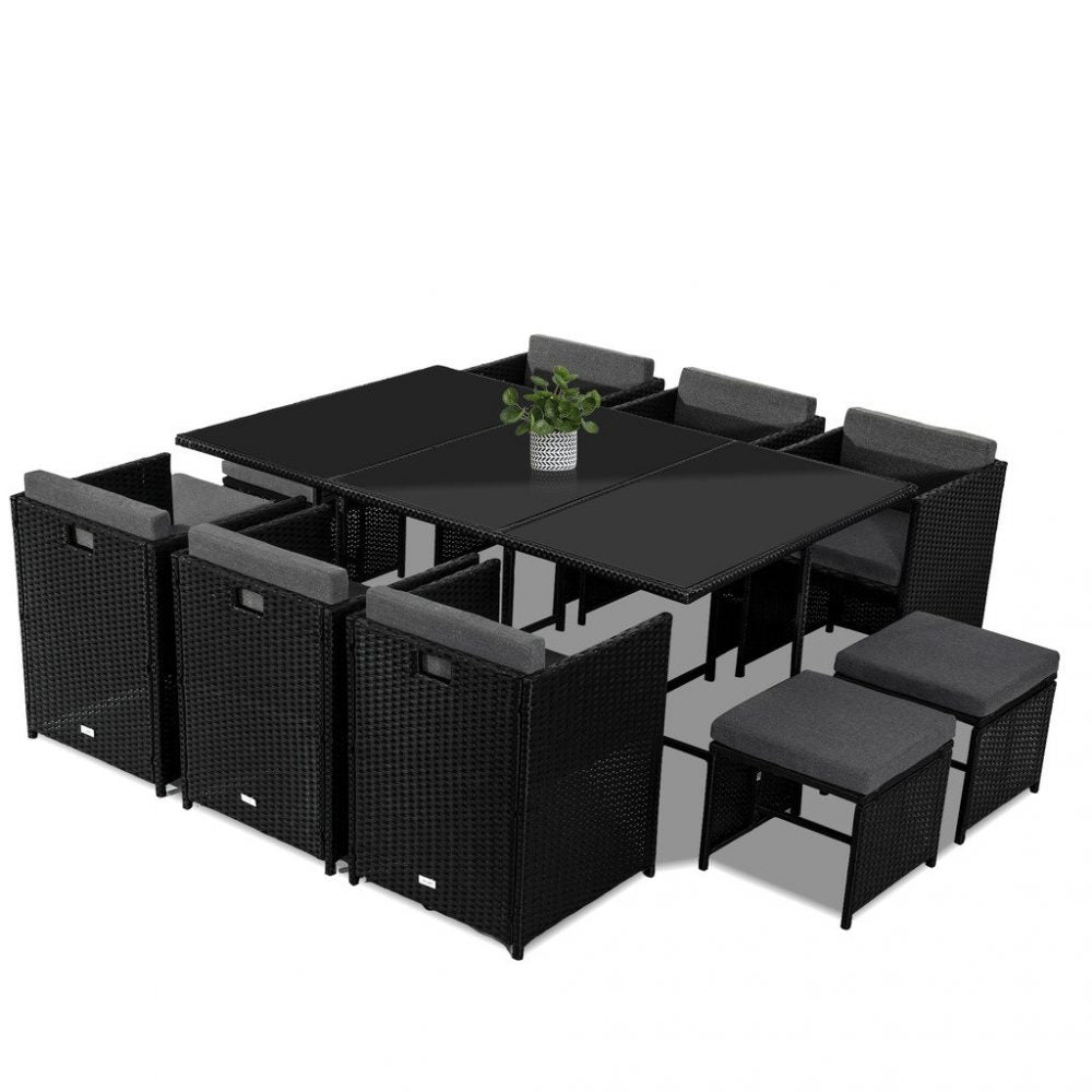 11 Piece Outdoor Dining Set, Wicker Black, view 5