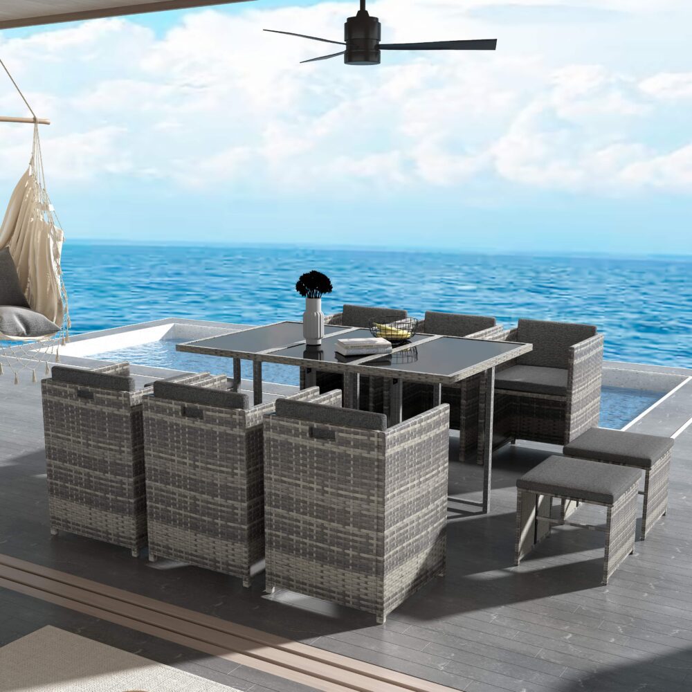 11 Piece Outdoor Dining Set, Wicker Grey