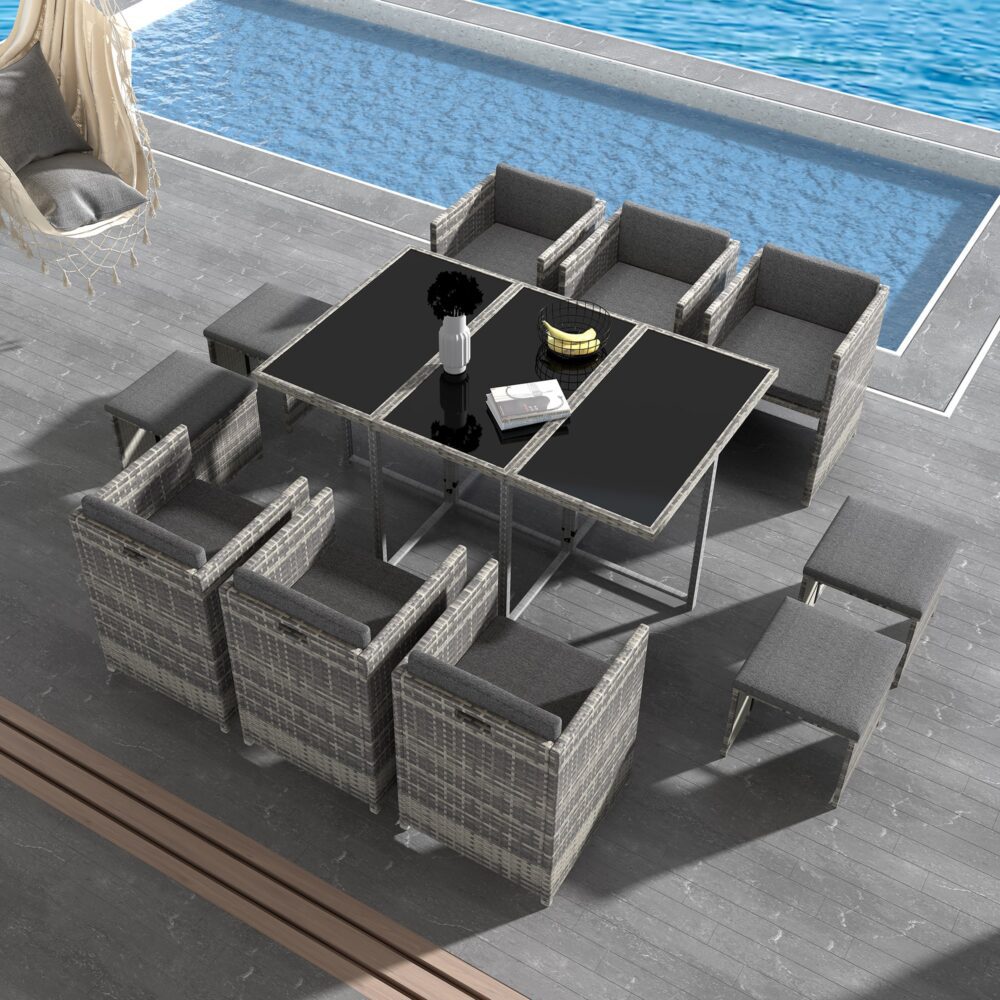 11 Piece Outdoor Dining Set, Wicker Grey, view 2