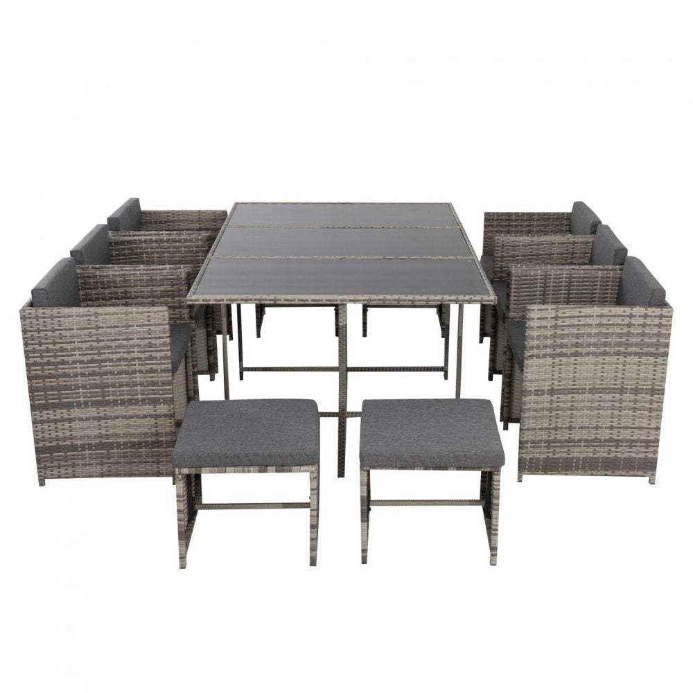 11 Piece Outdoor Dining Set, Wicker Grey, view 5