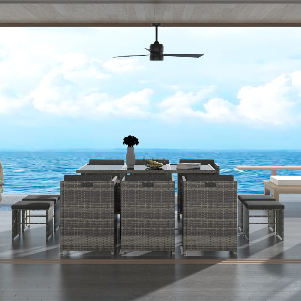 11 Piece Outdoor Dining Set, Wicker Grey, view 3
