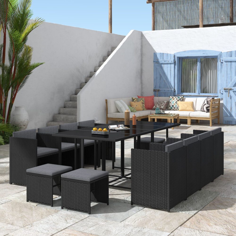 13 Piece Outdoor Dining Set, Wicker Black