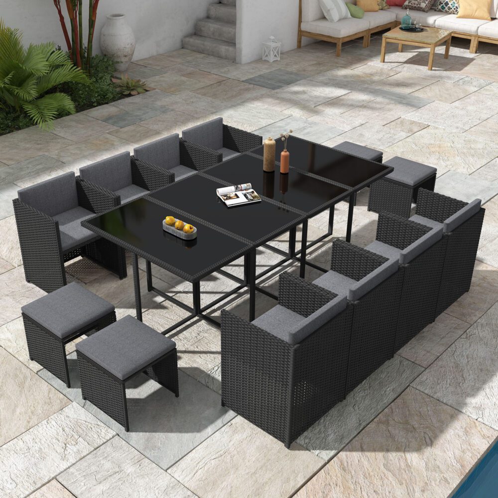 13 Piece Outdoor Dining Set, Wicker Black, view 2