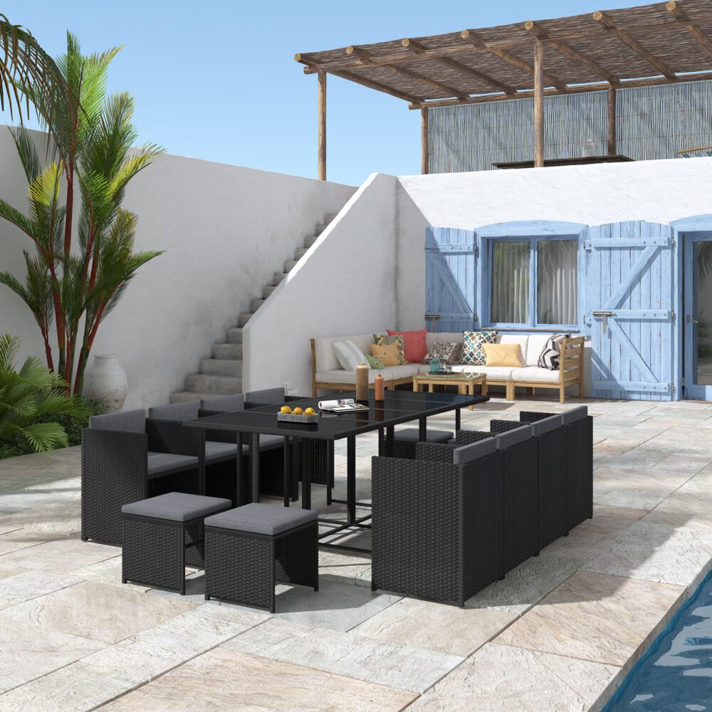 13 Piece Outdoor Dining Set, Wicker Black, view 3